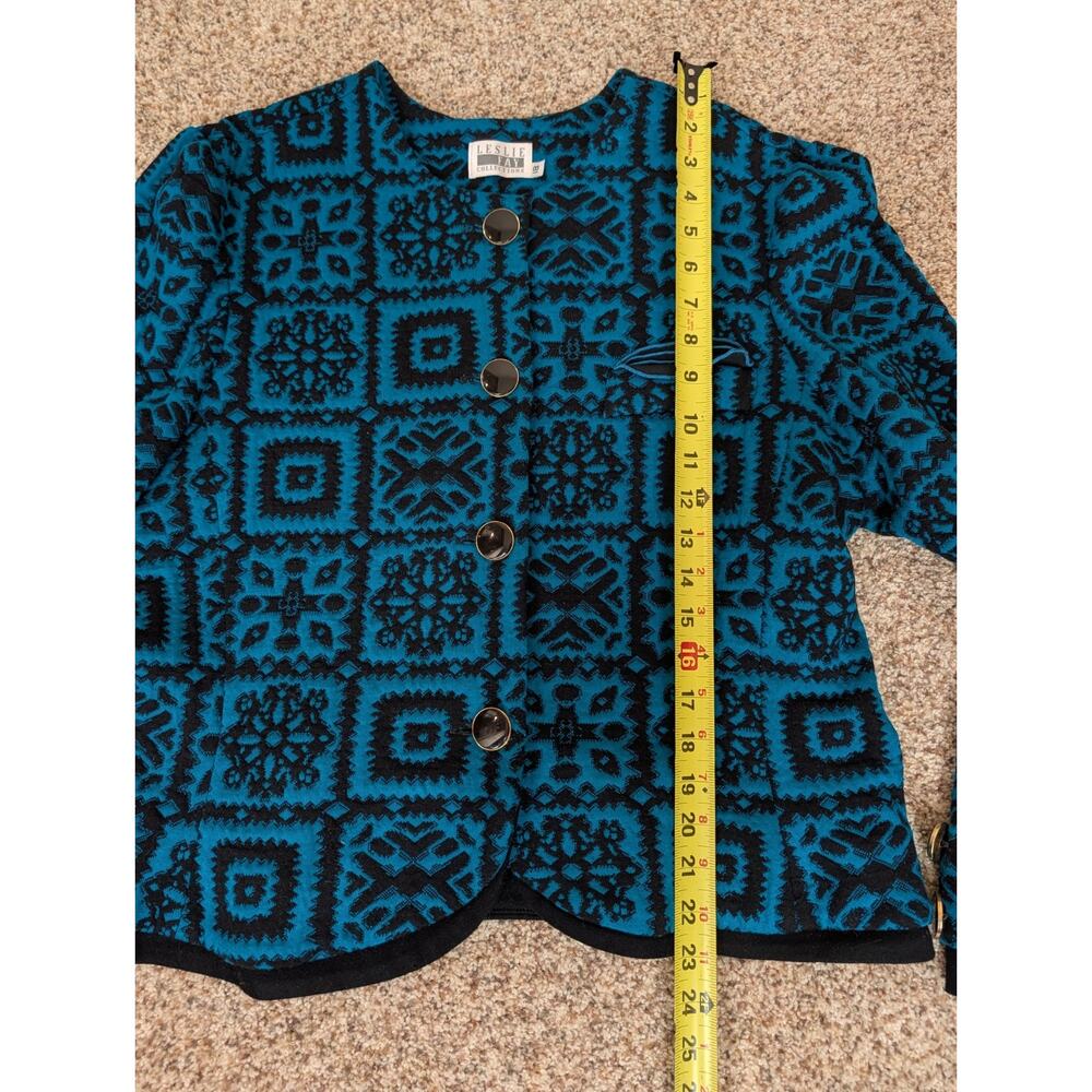 Vintage Leslie Fay Lady Jacket Blazer Button Up Crop Teal Black USA Size 18 - Picture 6 of 8
